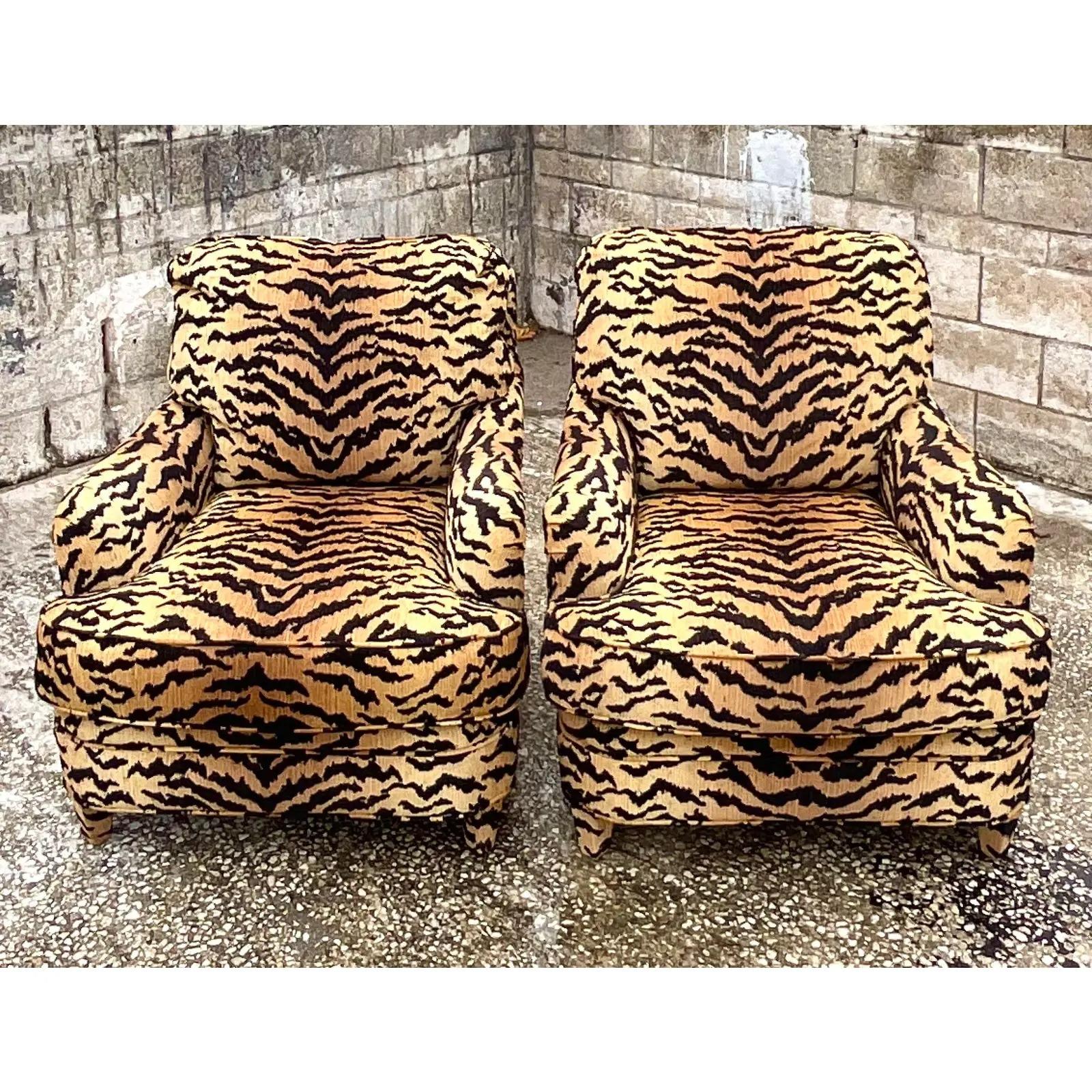 20th Century Vintage Boho Custom Tiger Striped Devore Club Chairs - a Pair
