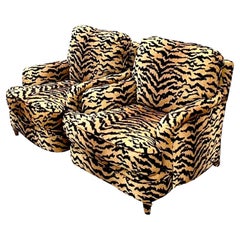 Vintage Boho Custom Tiger Striped Devore Club Chairs - a Pair