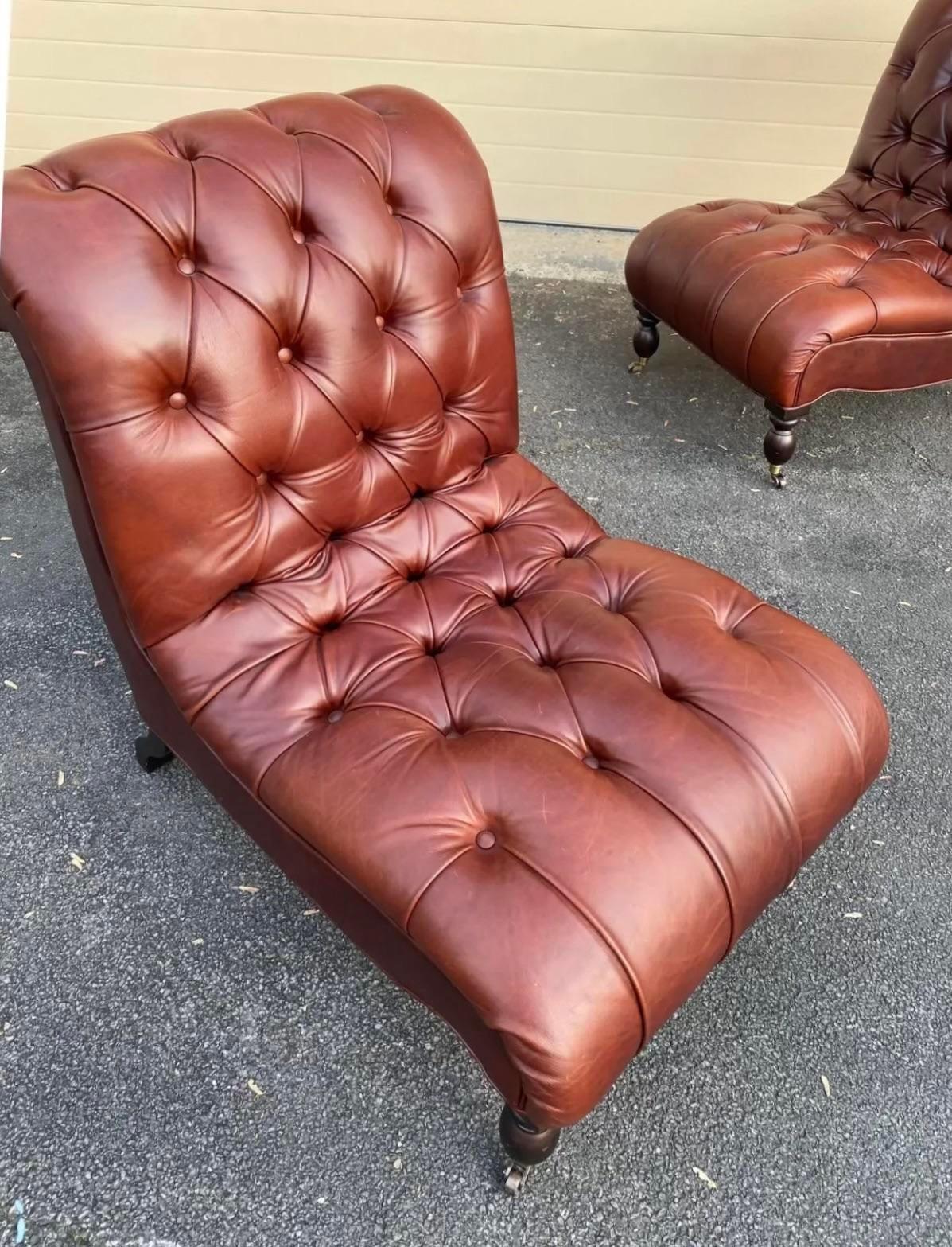 Vintage Boho Custom Tufted Leather Slipper Chair After George Smith In Good Condition In West Palm Beach, FL