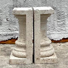 Vintage Boho Cut Coquina Stone Table Pedestals - a Pair