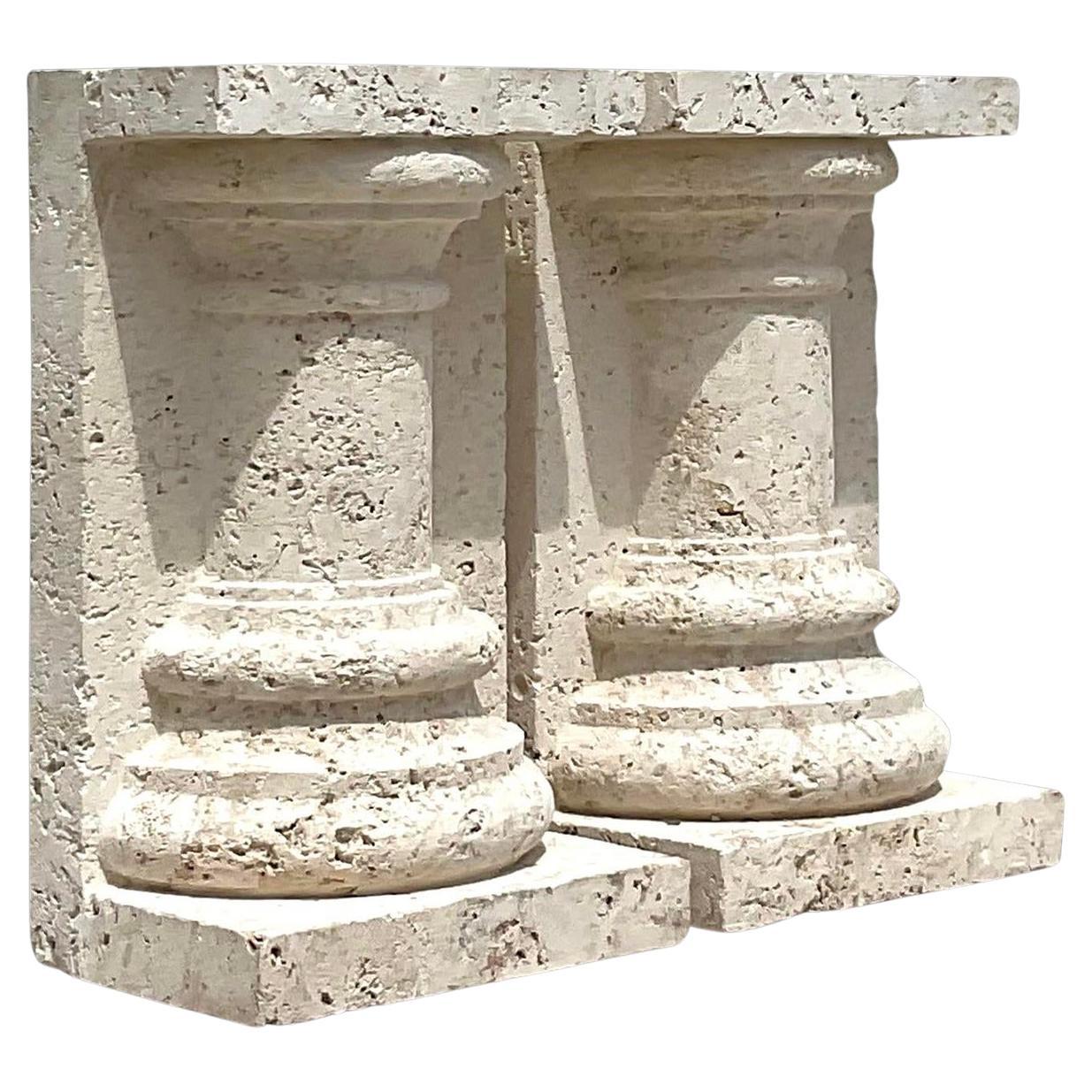 Vintage Boho Cut Coquina Stone Table Pedestals - a Pair