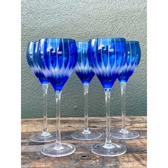 Vintage Boho Cut Crystal Blue Goblets - Set of 5