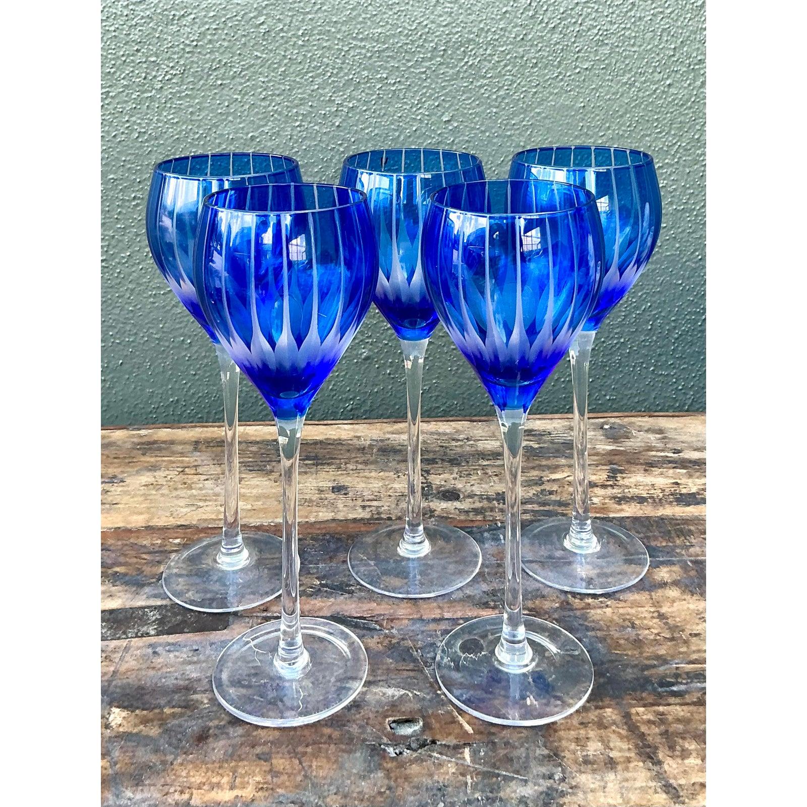 Vintage Boho Schliff Kristall Blau Kelche - Satz von 5 (amerikanisch) im Angebot