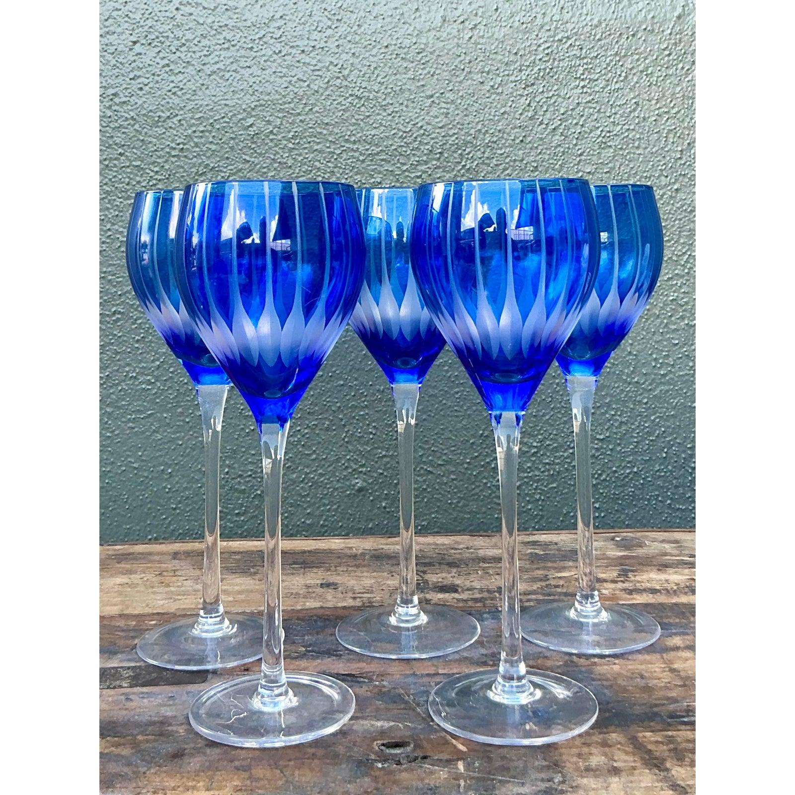 Vintage Boho Schliff Kristall Blau Kelche - Satz von 5 im Angebot 1