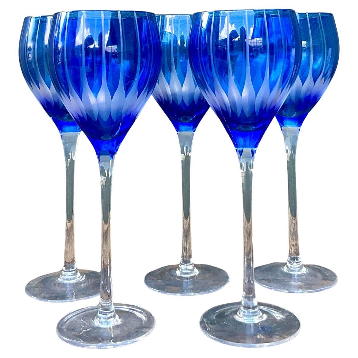 Vintage Boho Cut Crystal Blue Goblets - Set of 5