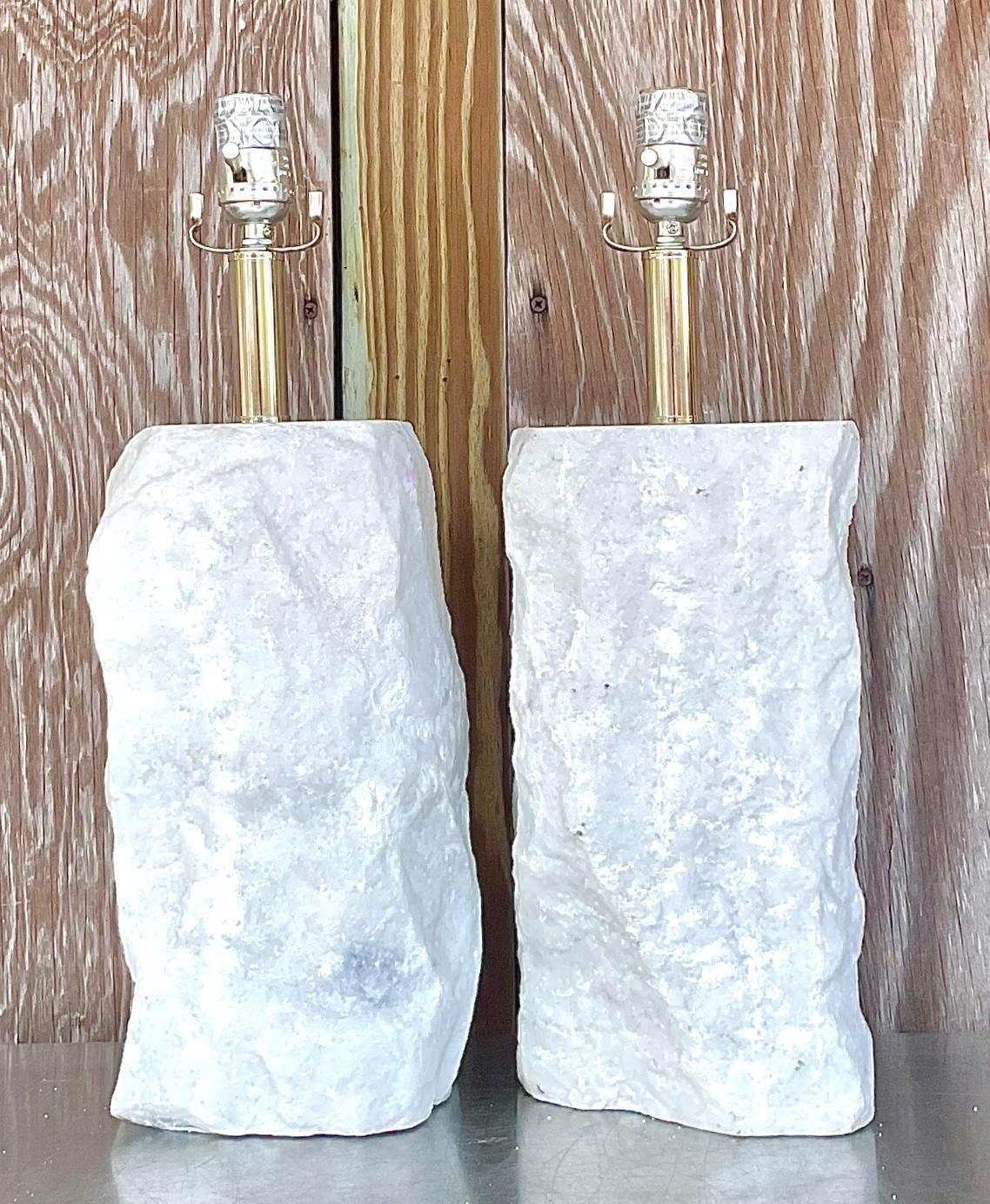 American Vintage Boho Cut Marble Lamps - a Pair For Sale