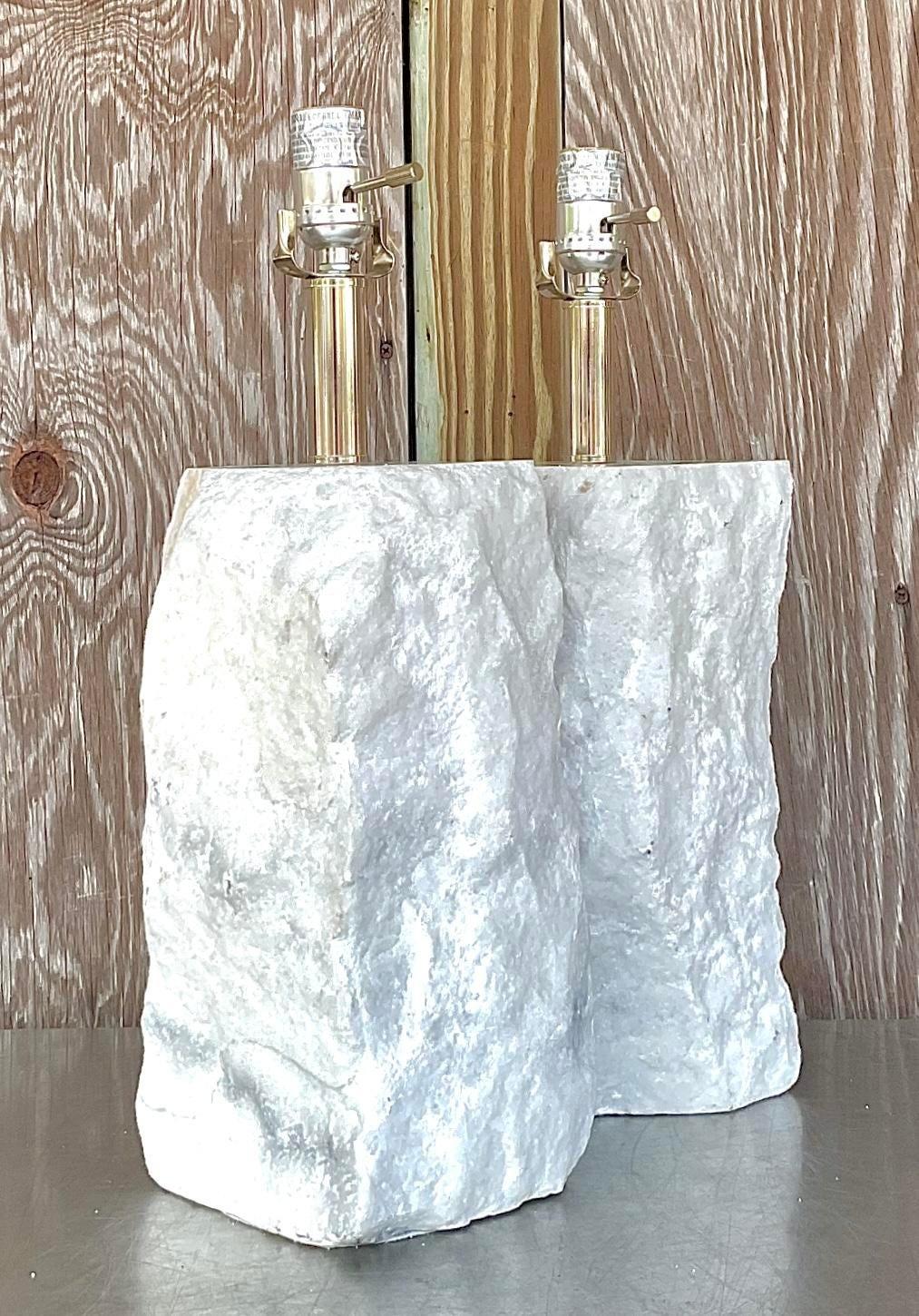 Vintage Boho Cut Marble Lamps - a Pair In Good Condition For Sale In west palm beach, FL