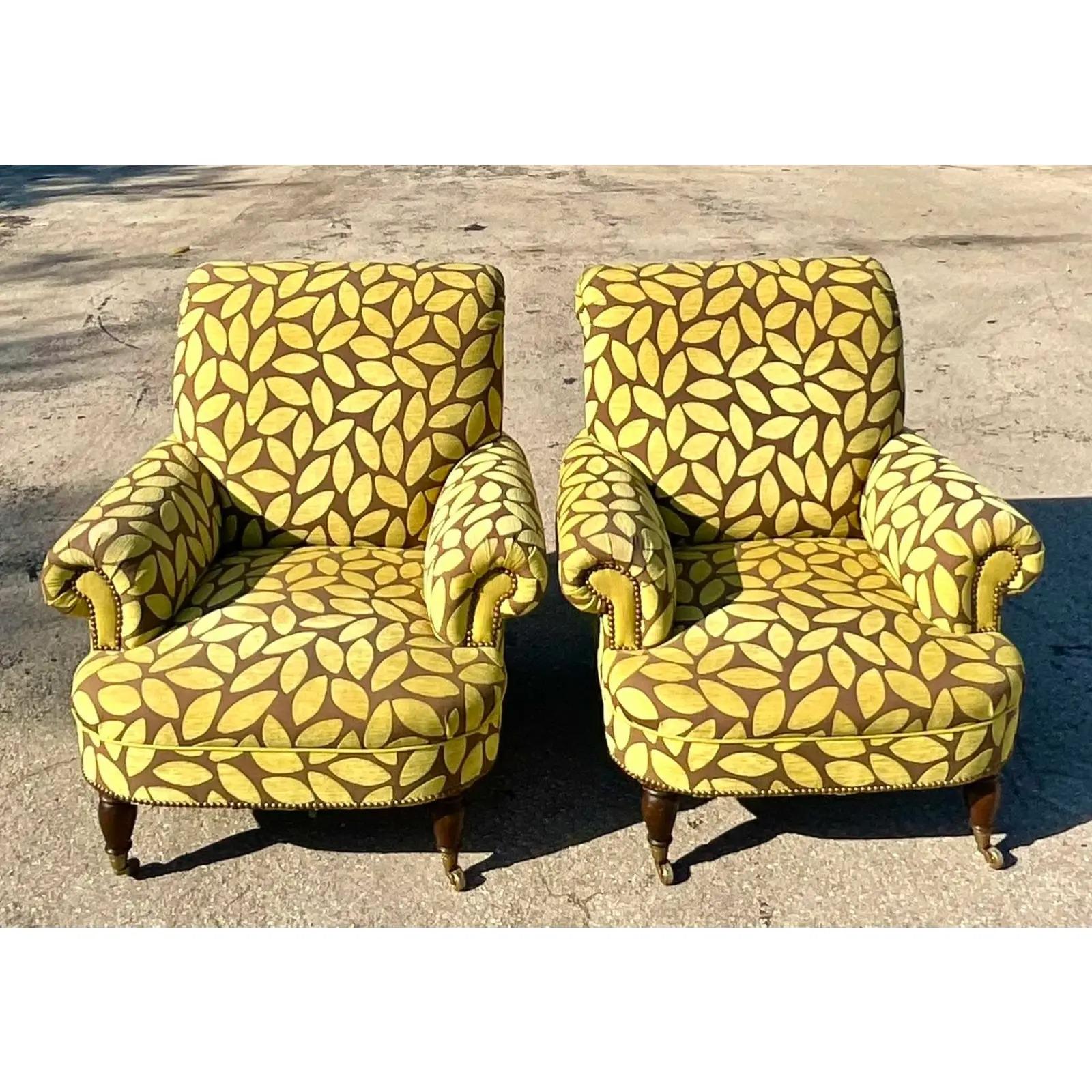Vintage Boho Cut Velvet Leaves Lounge Chairs, a Pair In Good Condition In west palm beach, FL