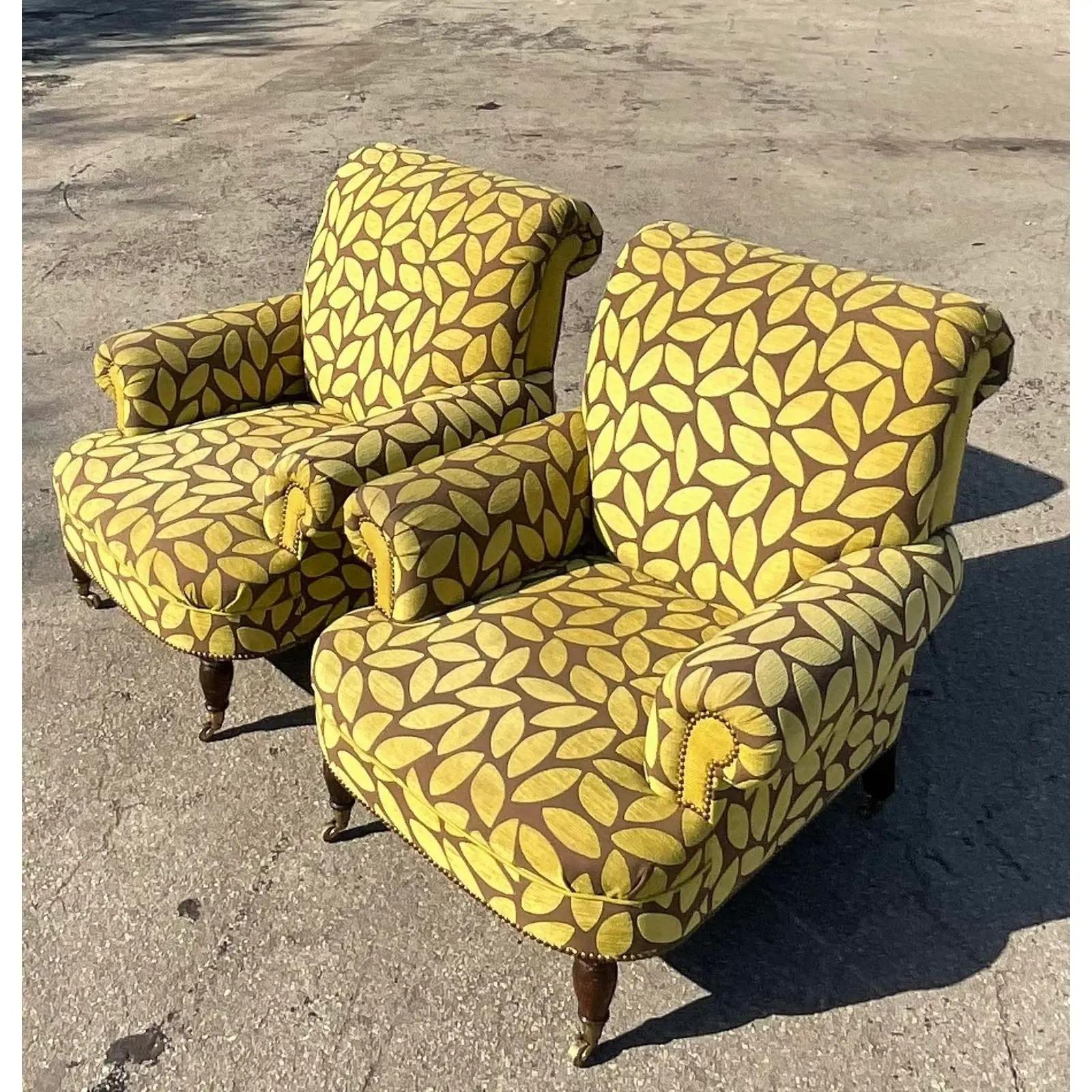 20th Century Vintage Boho Cut Velvet Leaves Lounge Chairs, a Pair