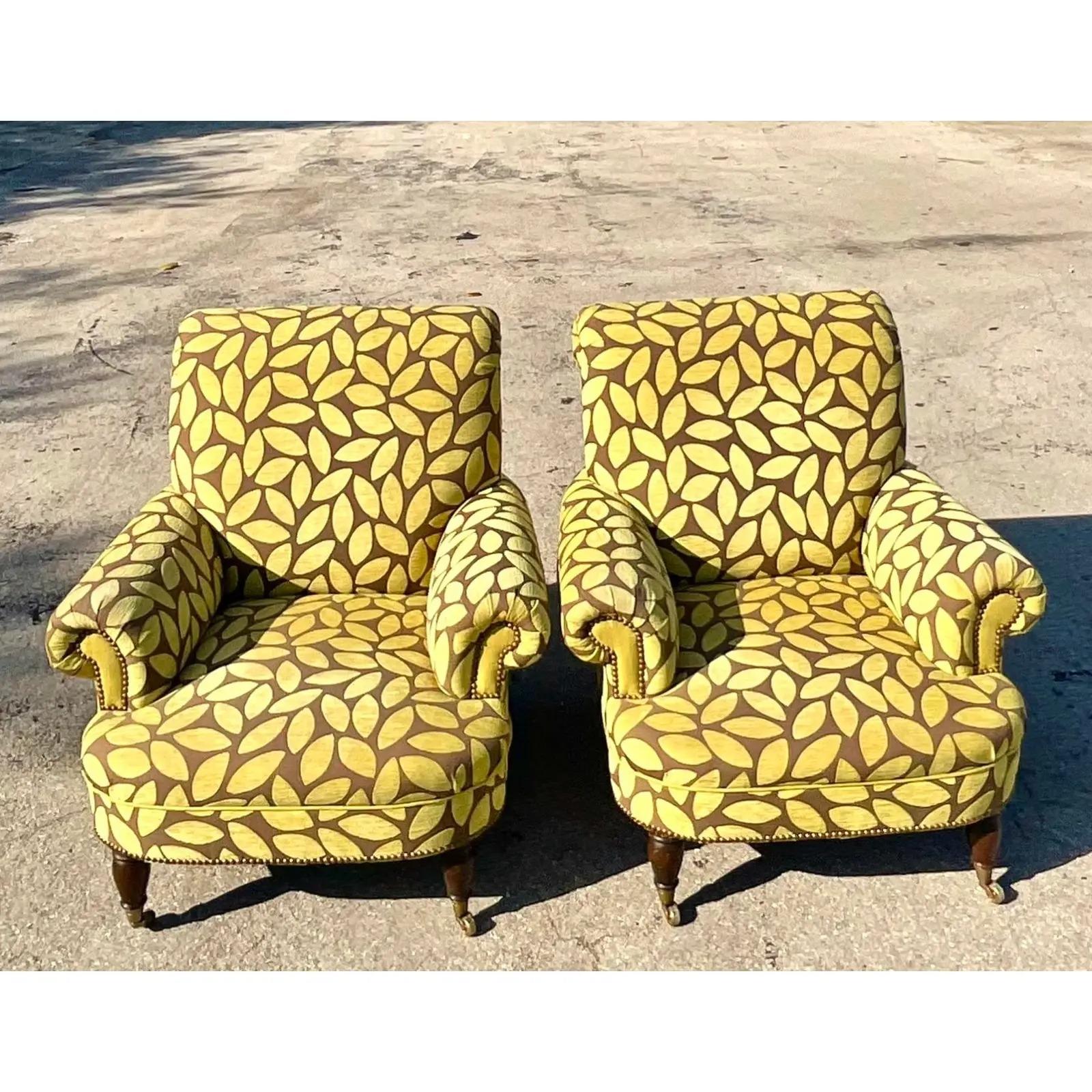 Vintage Boho Cut Velvet Leaves Lounge Chairs, a Pair 1