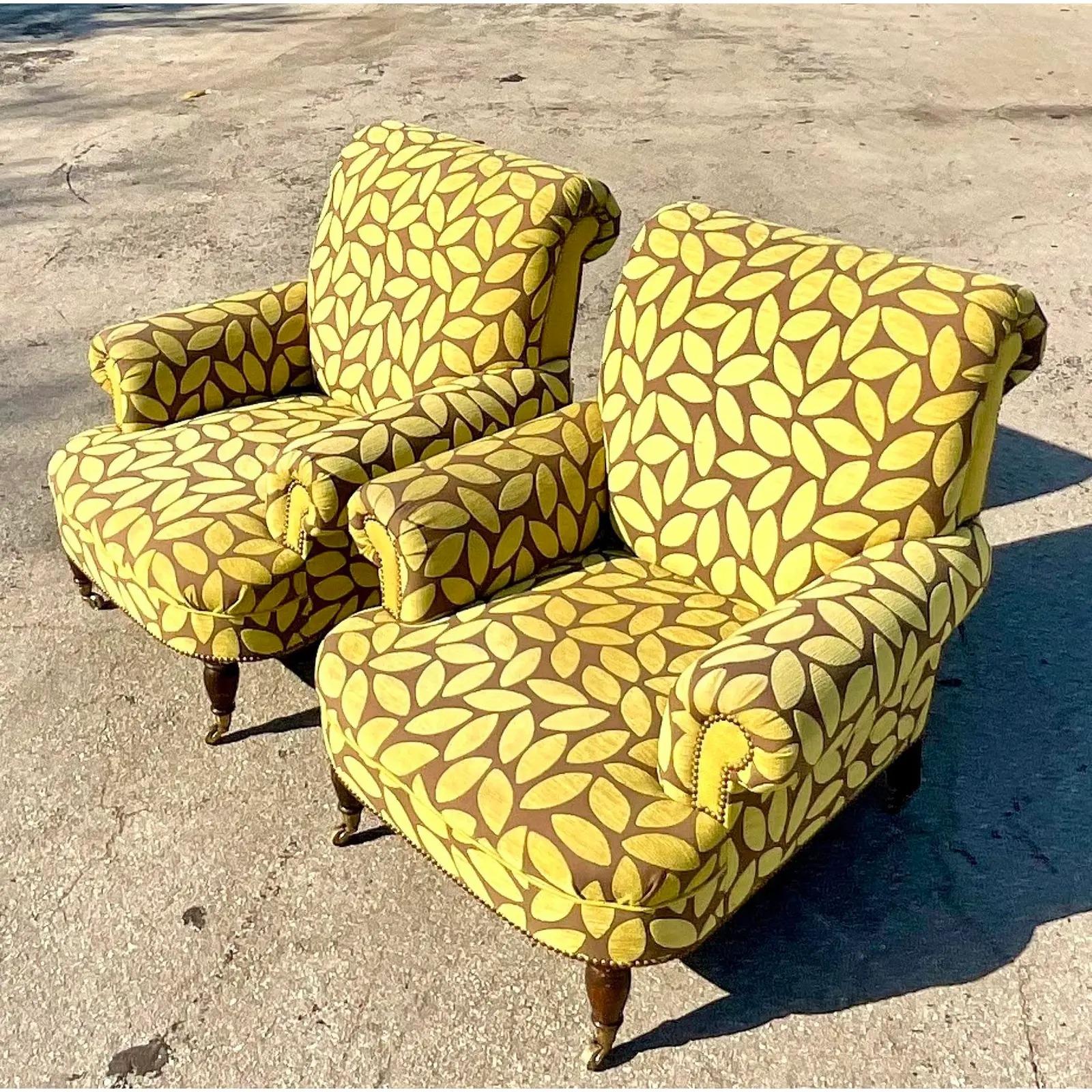 Vintage Boho Cut Velvet Leaves Lounge Chairs, a Pair 2
