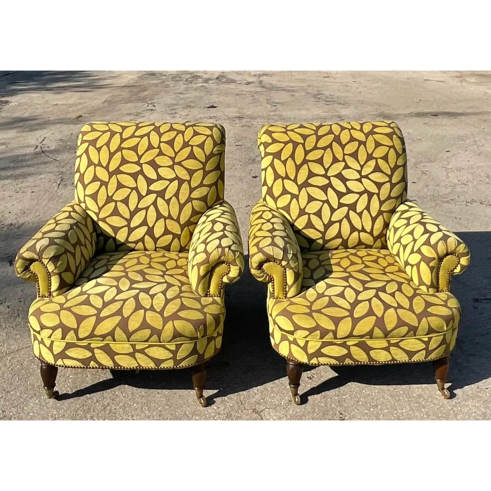 Vintage Boho Cut Velvet Leaves Lounge Chairs, a Pair 3