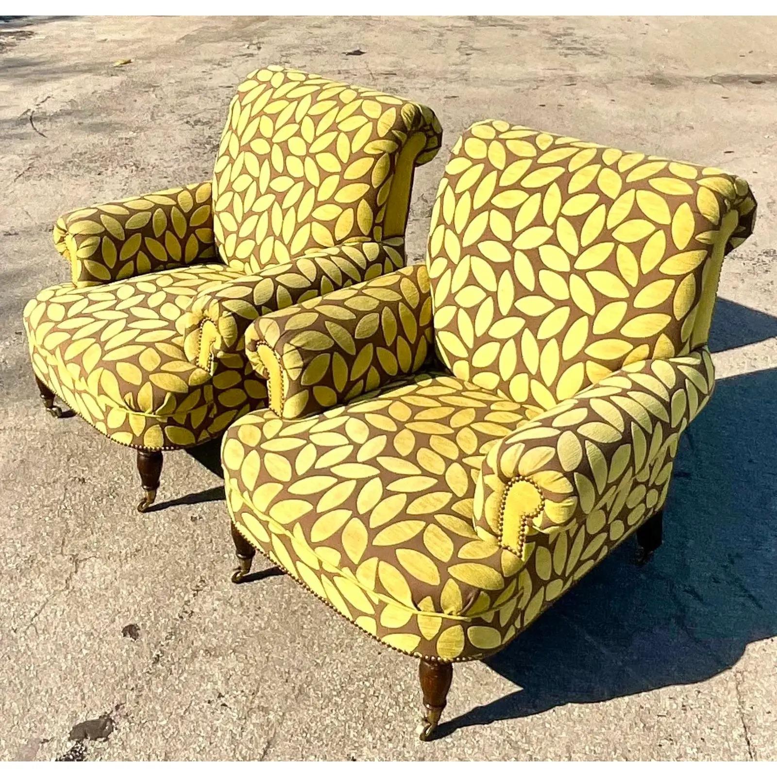 Vintage Boho Cut Velvet Leaves Lounge Chairs, a Pair 4