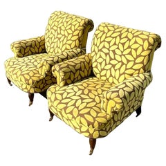 Vintage Boho Cut Velvet Leaves Lounge Chairs, a Pair