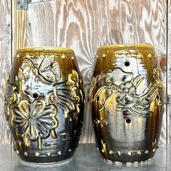 Vintage Boho Dark Celadon Glazed Ceramic Garden Stools - a Pair