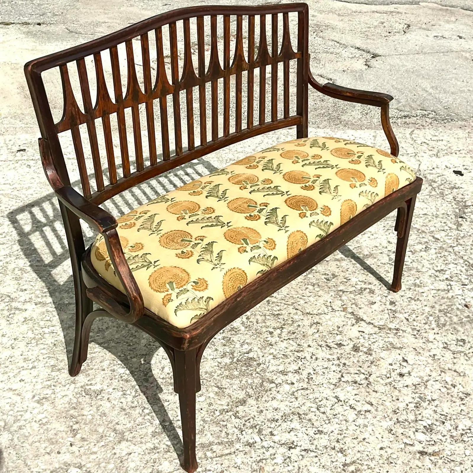 North American Vintage Boho Dawkins Bench With Jasper Indian Flower Saffron Upholstery