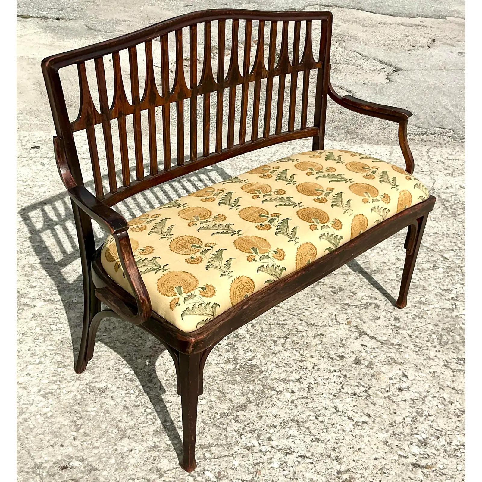 Vintage Boho Dawkins Bench With Jasper Indian Flower Saffron Upholstery In Good Condition In west palm beach, FL