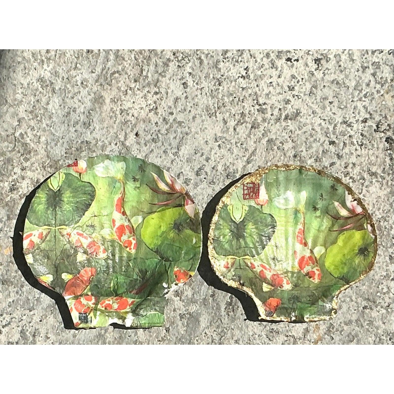 20ième siècle Vintage Boho Decoupage Shells - Set of 2 en vente