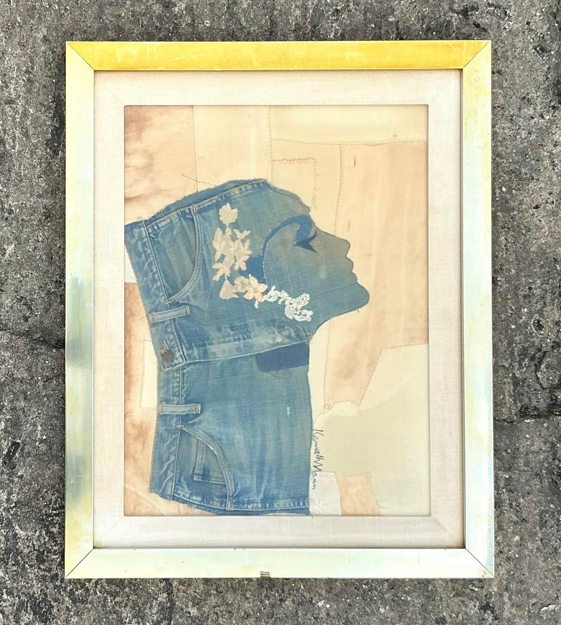 American Vintage Boho Denim Collage Portrait For Sale