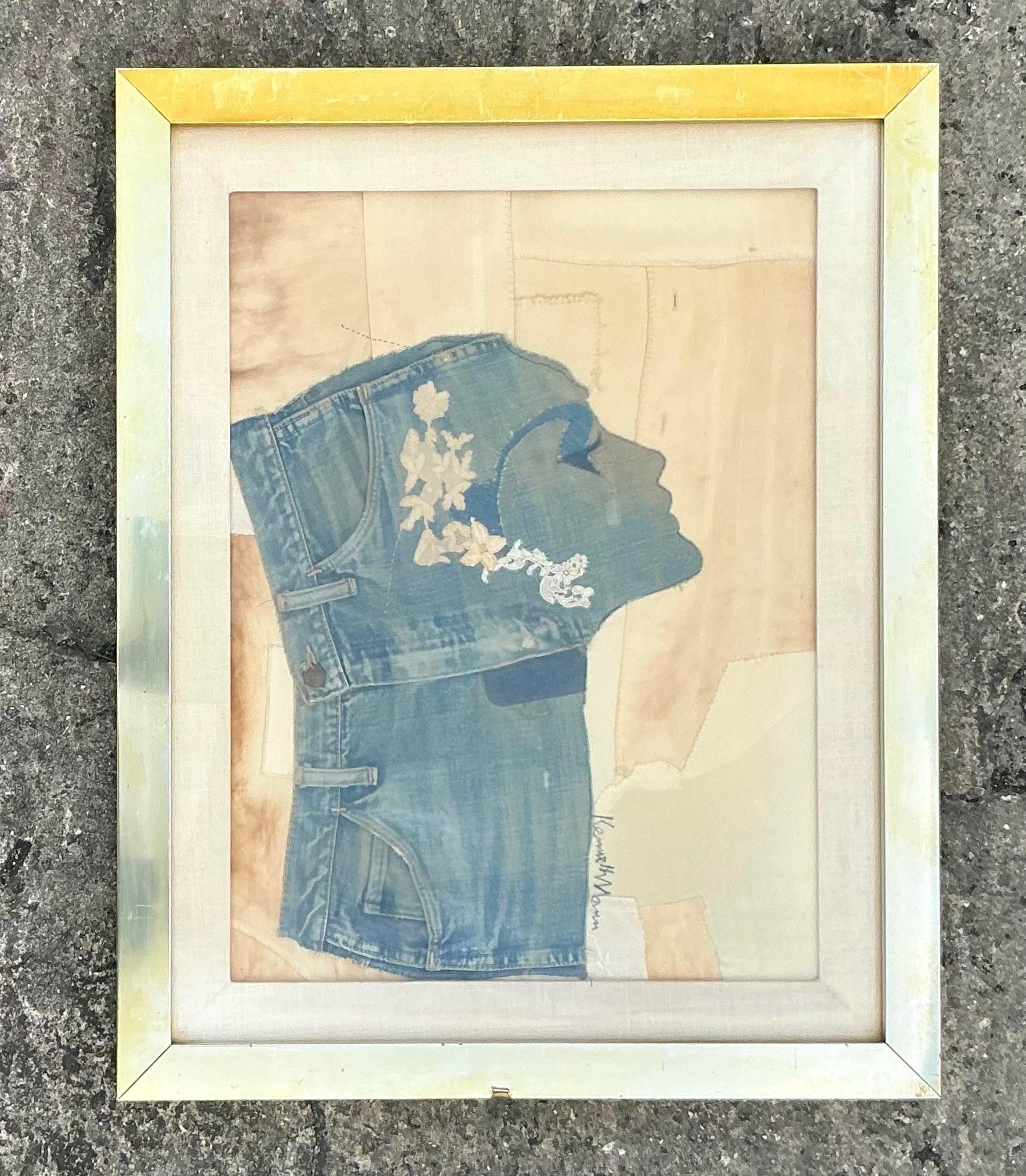 Vintage Boho Denim Collage Portrait In Good Condition For Sale In west palm beach, FL