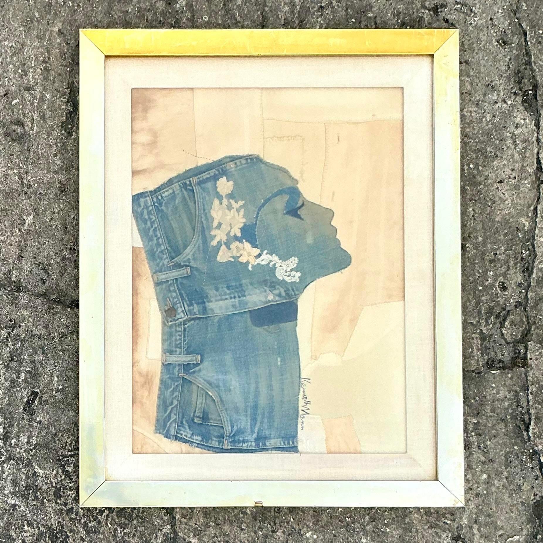 20th Century Vintage Boho Denim Collage Portrait For Sale