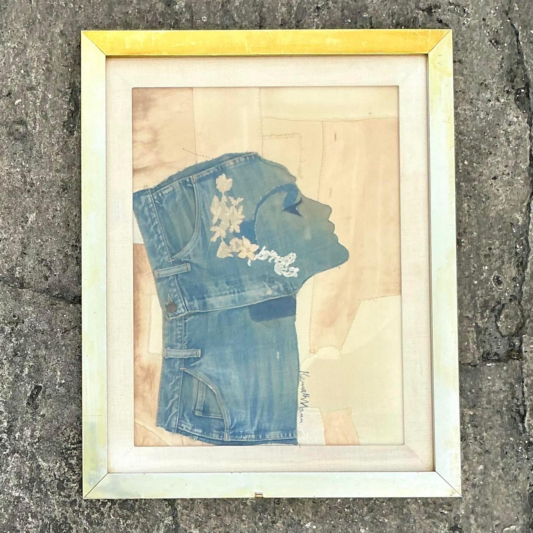 Fabric Vintage Boho Denim Collage Portrait For Sale