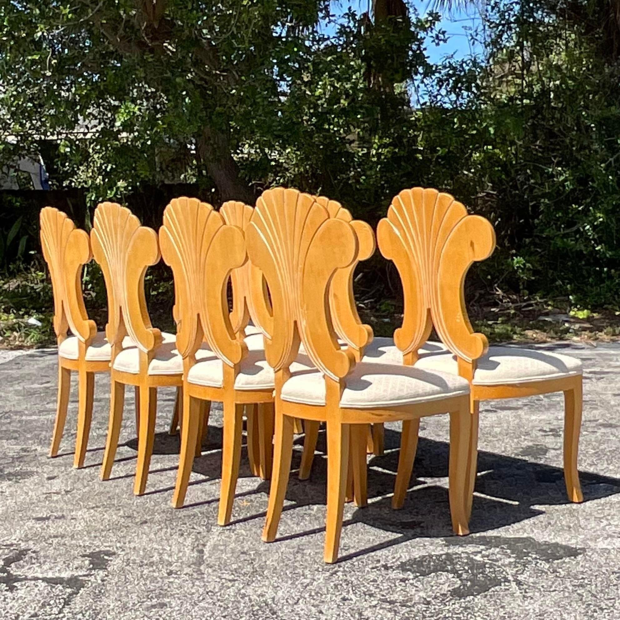Vintage Boho Dia Carved Fan Back Chairs - Set of 8 In Good Condition For Sale In west palm beach, FL