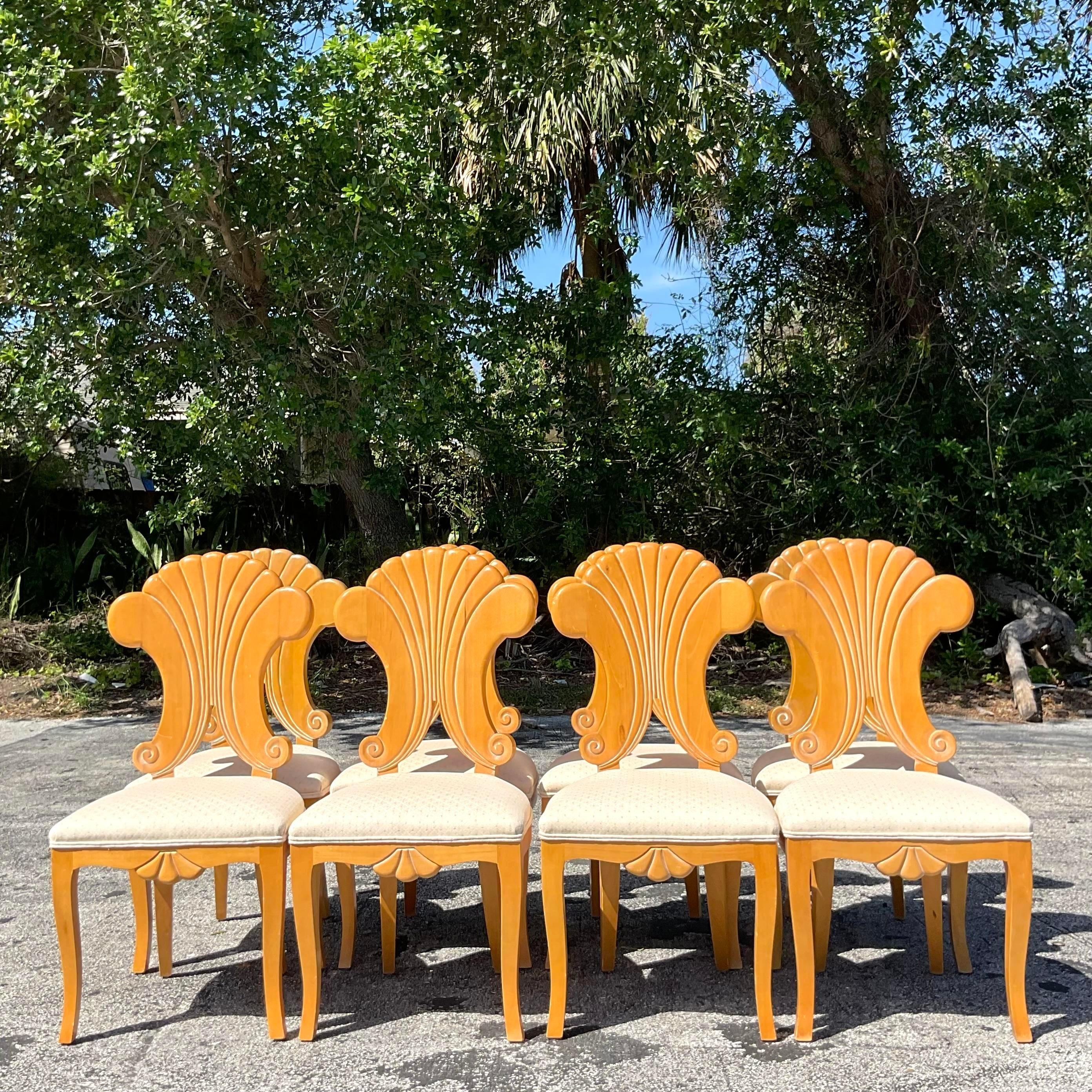 20th Century Vintage Boho Dia Carved Fan Back Chairs - Set of 8 For Sale