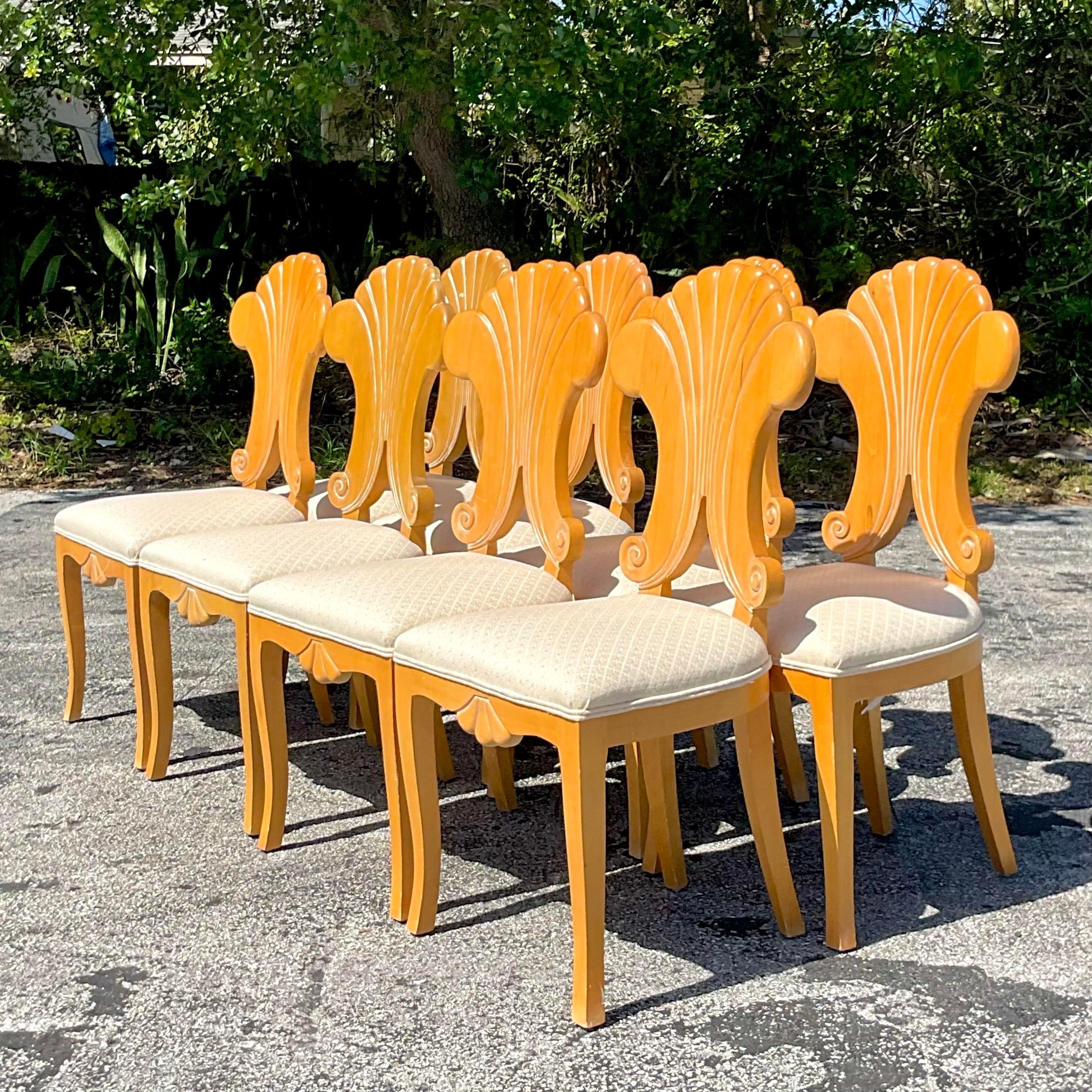 Vintage Boho Dia Carved Fan Back Chairs - Set of 8 For Sale 1