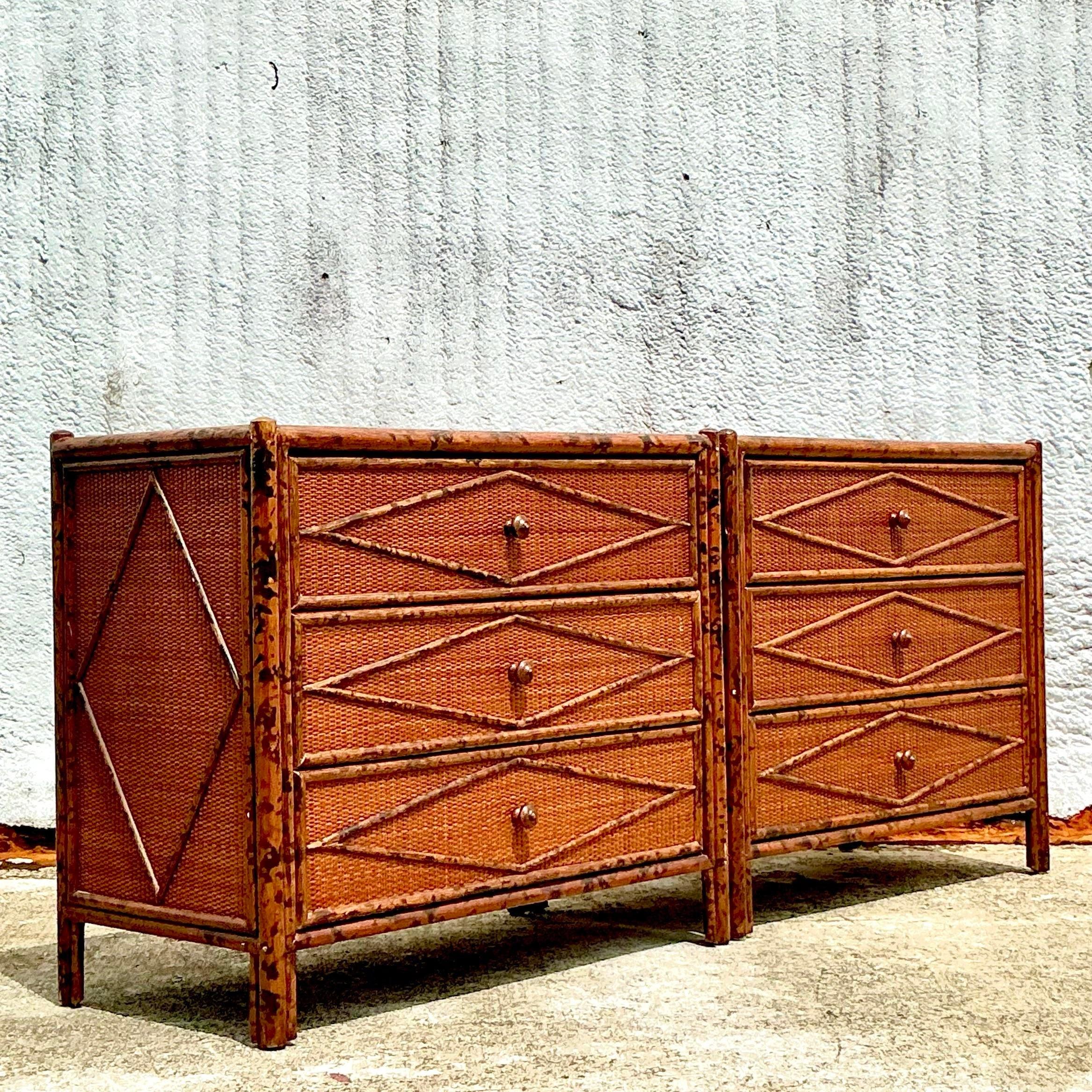 Vintage Boho Diamond Burnt Bamboo Chest of Drawers - a Pair - 6950 5