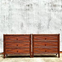 Vintage Boho Diamond Burnt Bamboo Chest of Drawers - a Pair - 6950