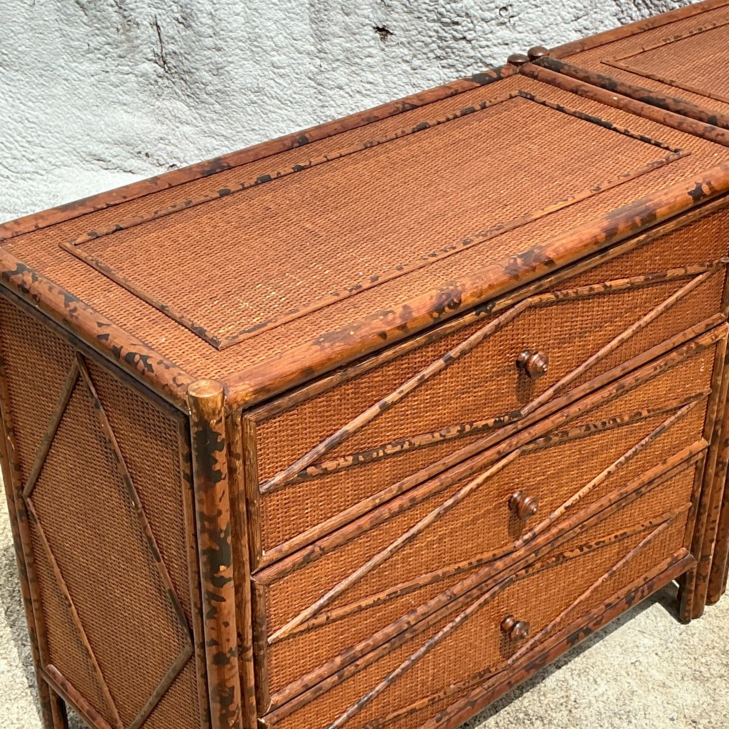Philippine Vintage Boho Diamond Burnt Bamboo Chest of Drawers - a Pair - 6950