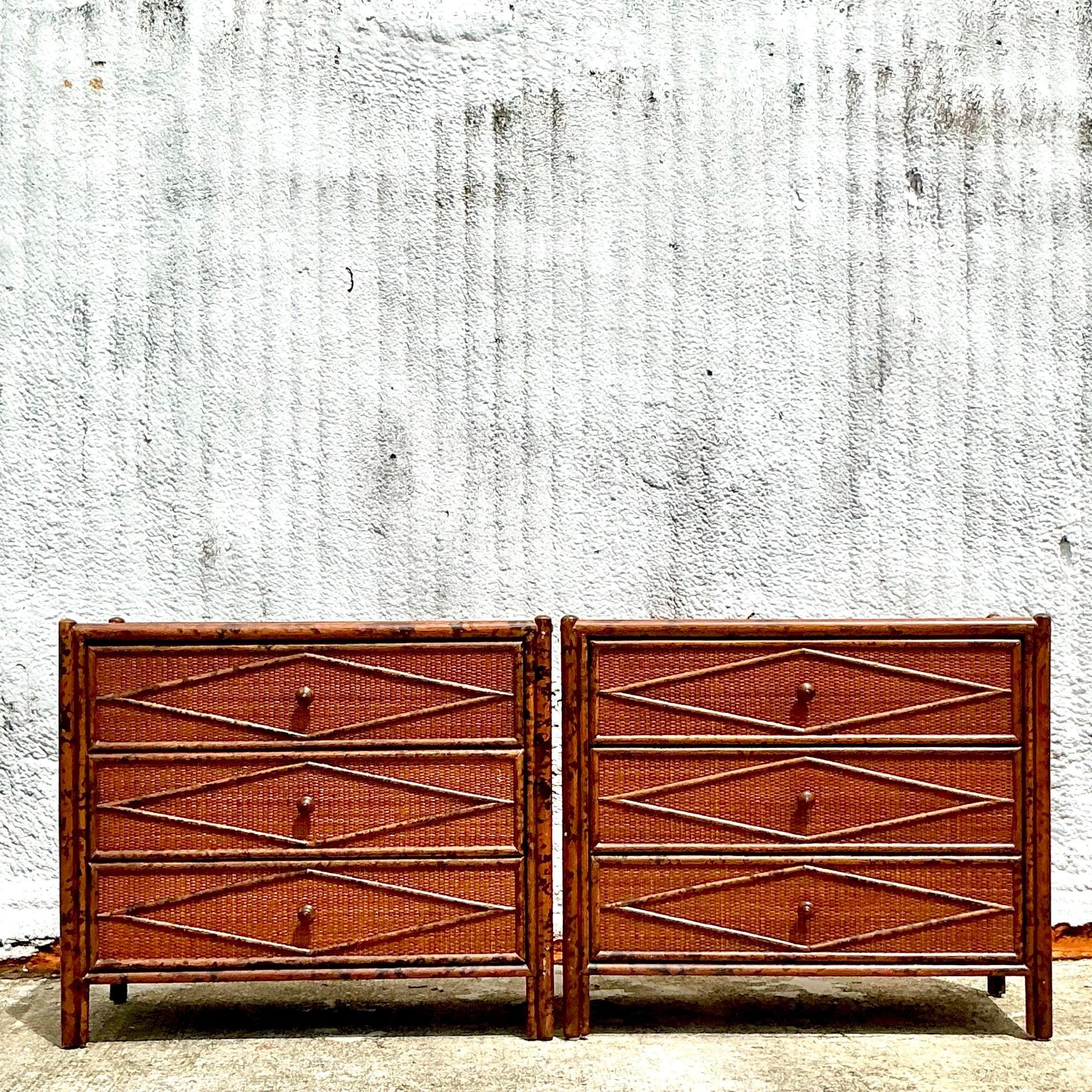 Vintage Boho Diamond Burnt Bamboo Chest of Drawers - a Pair - 6950 In Good Condition In West Palm Beach, FL