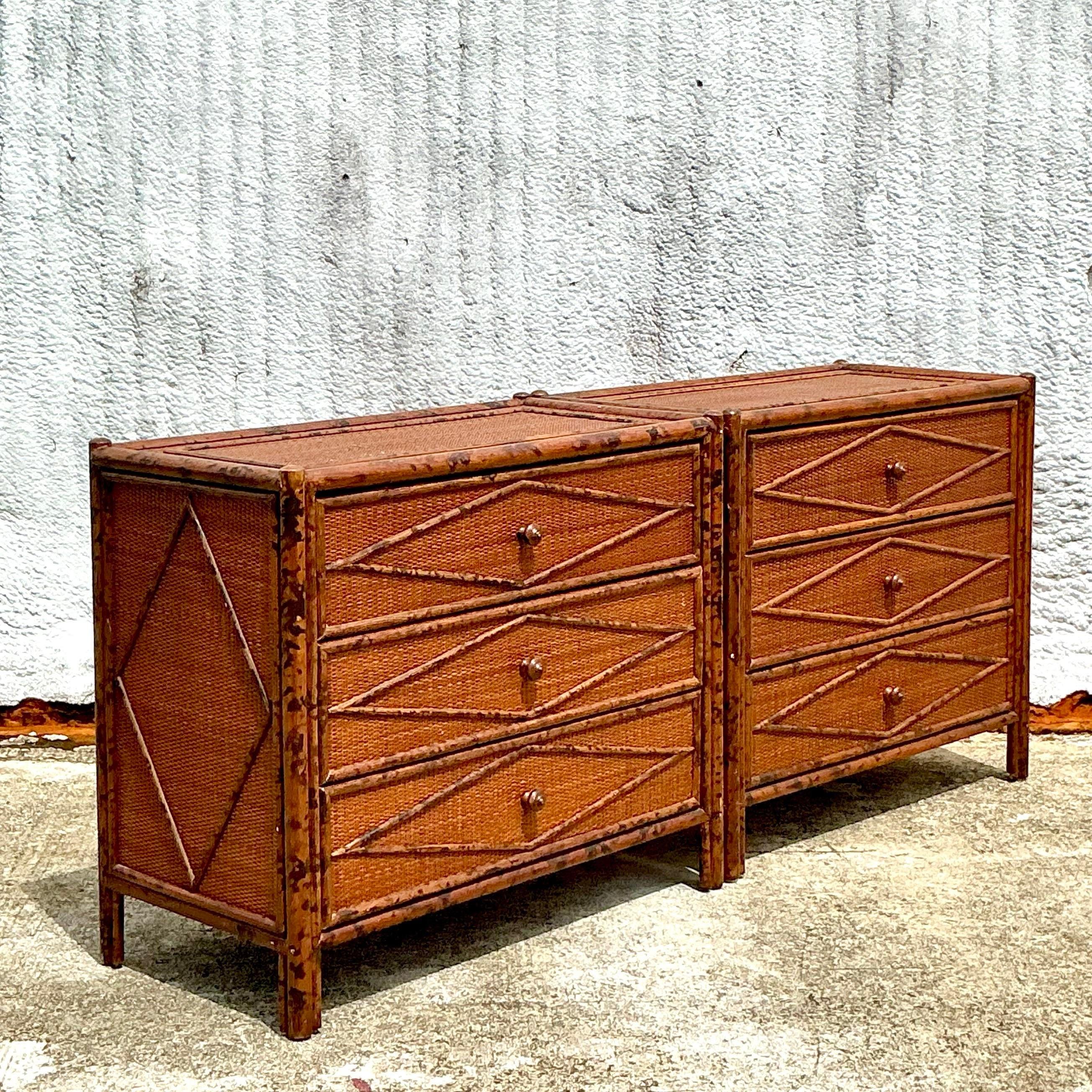 20th Century Vintage Boho Diamond Burnt Bamboo Chest of Drawers - a Pair - 6950