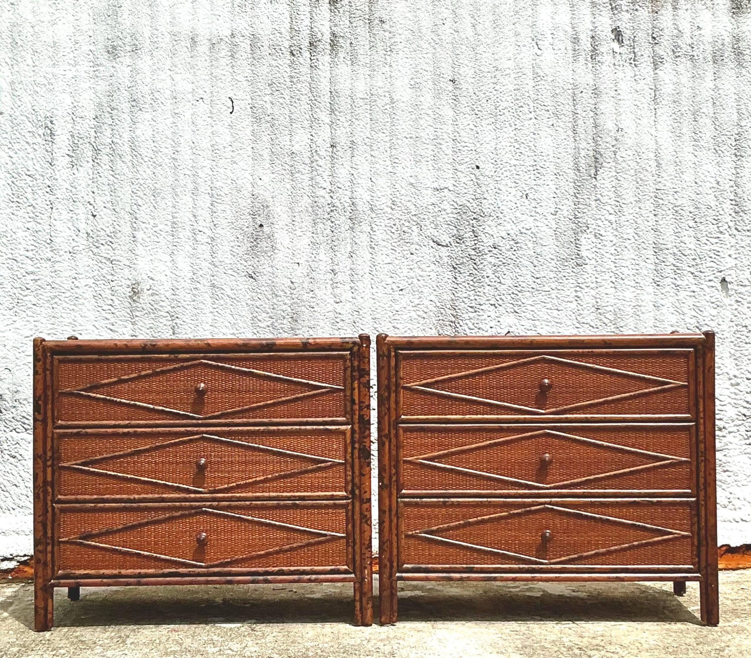 Vintage Boho Diamond Burnt Bamboo Chest of Drawers - a Pair - 6950 2
