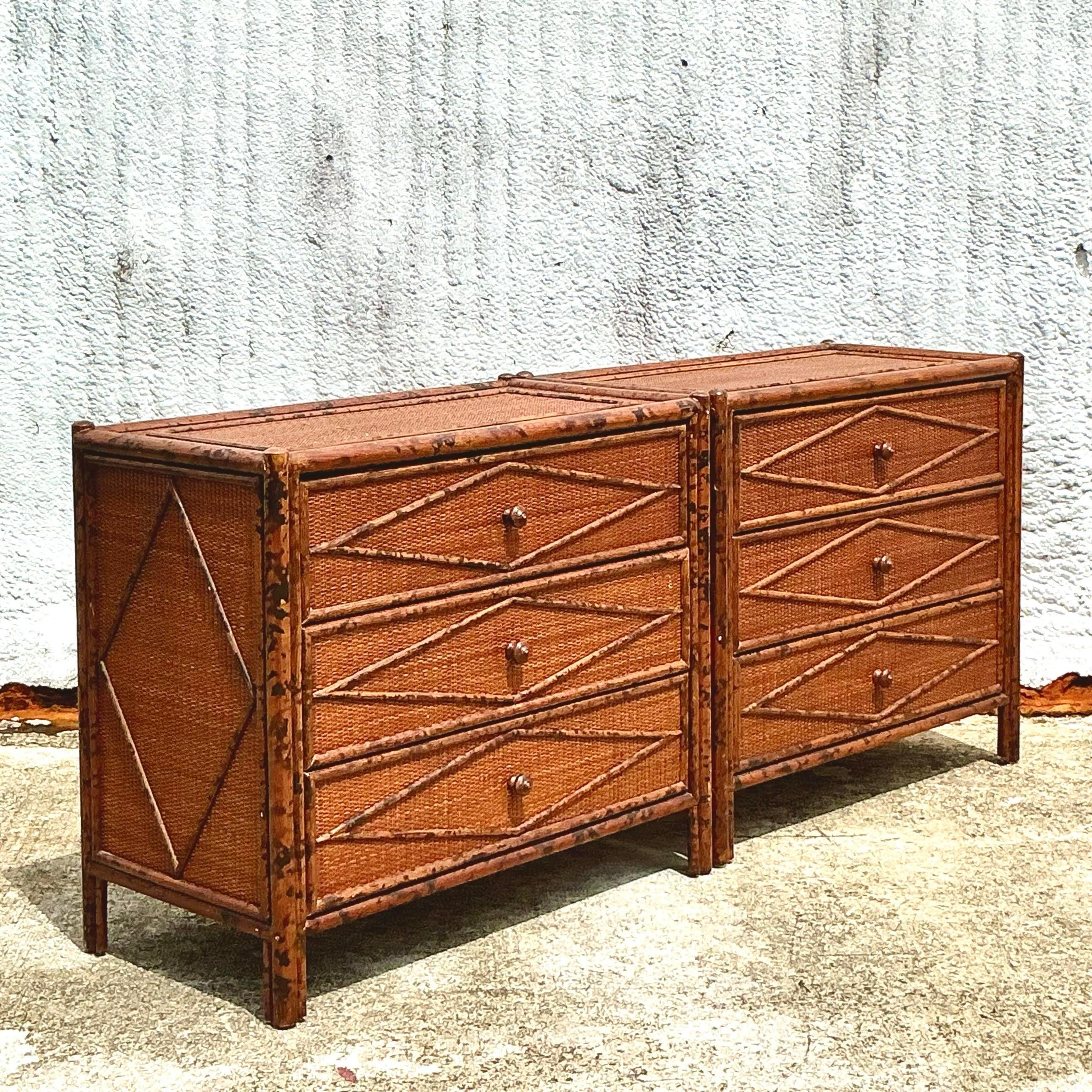 Vintage Boho Diamond Burnt Bamboo Chest of Drawers - a Pair - 6950 3