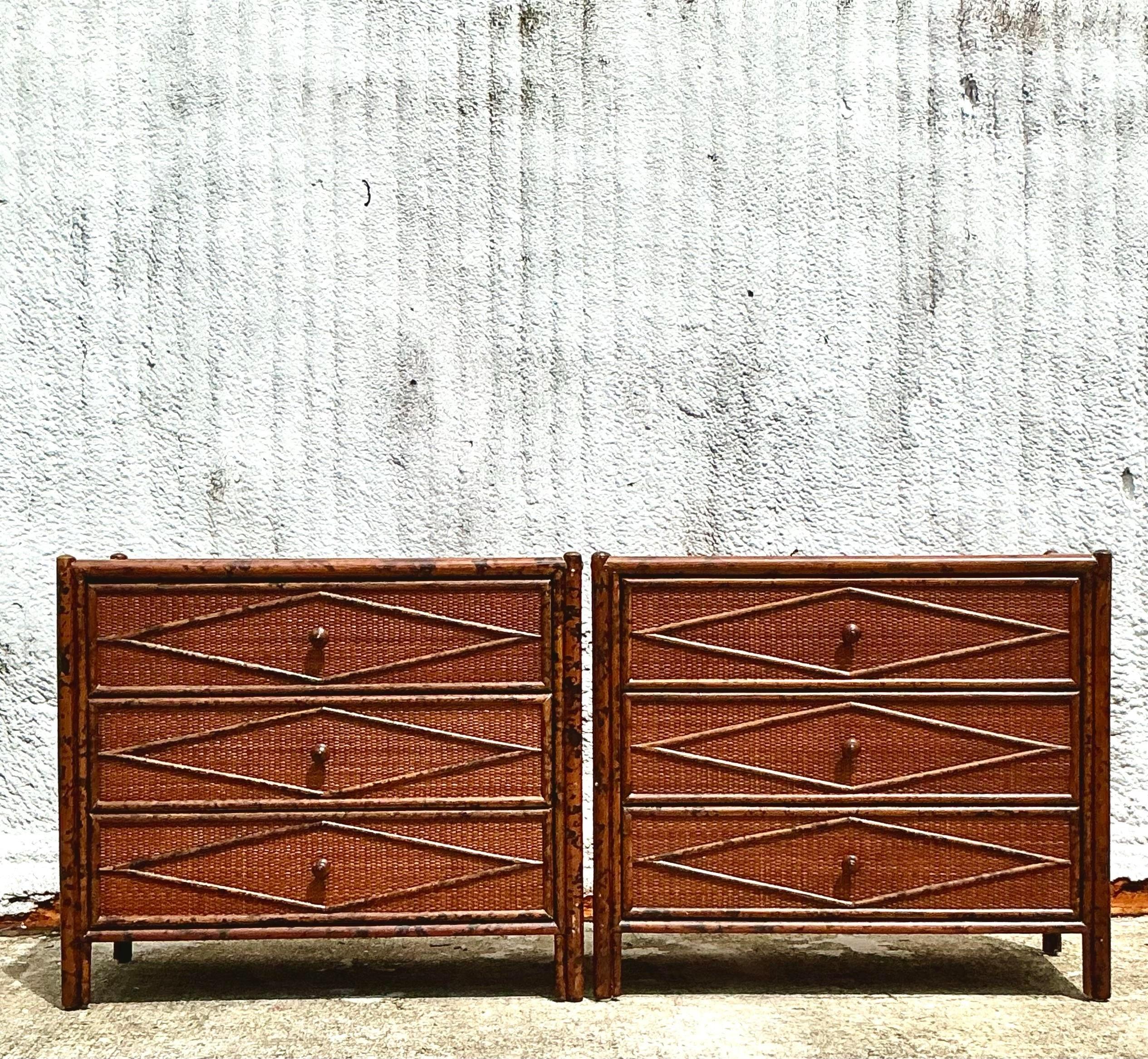Vintage Boho Diamond Burnt Bamboo Chest of Drawers - a Pair - 6950 4