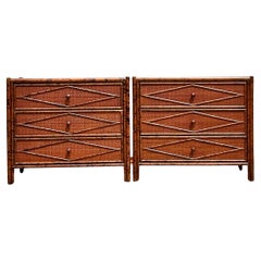 Vintage Boho Diamond Burnt Bamboo Chest of Drawers - a Pair - 6950