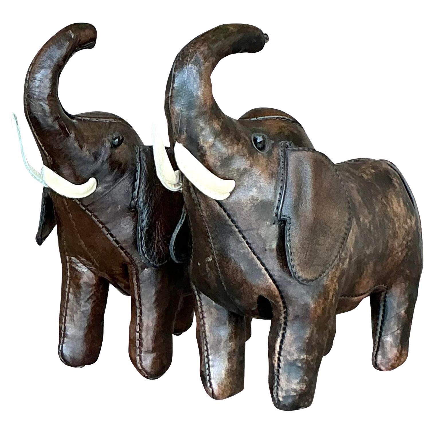 Vintage Boho Dimuntive Leather Elephants After Omersa - Set of 2
