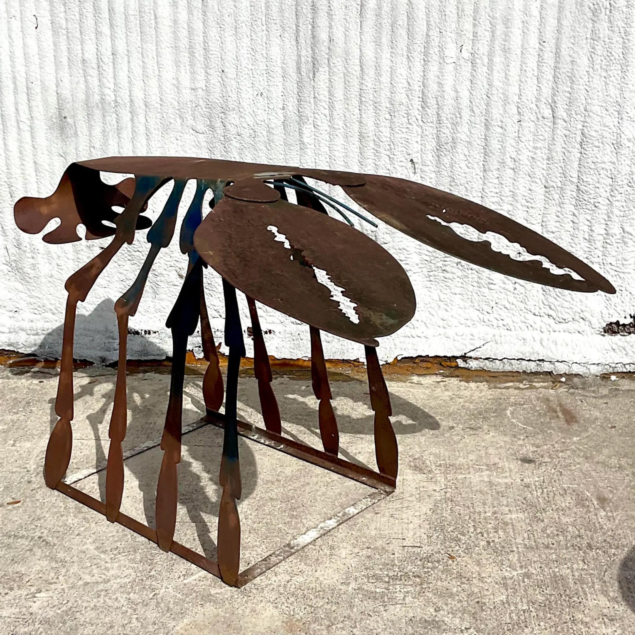 A monumental vintage Boho patinated sculpture. A fantastic torch cut lobster by the artist Dino Kotopoulis. Perfect indoors or outside. Acquired from a Palm Beach estate.