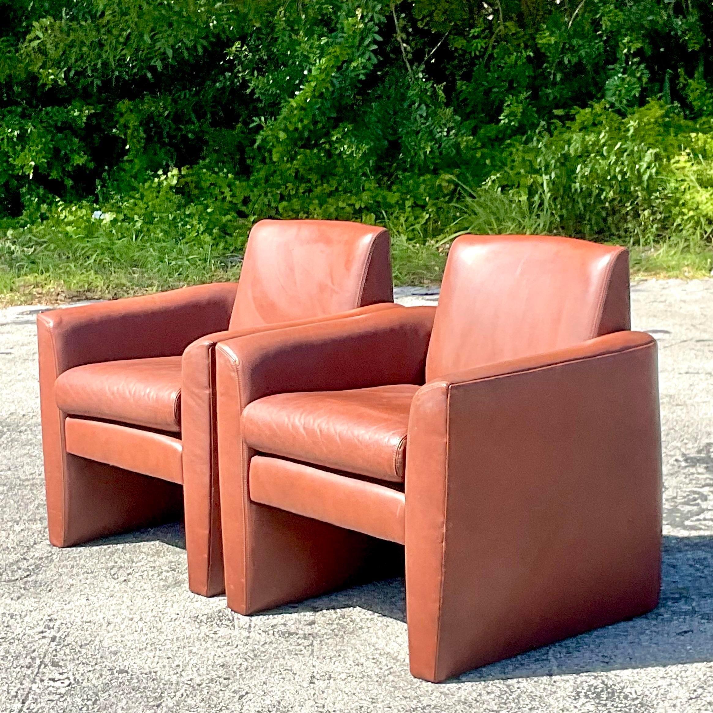 Vintage Boho Directional Leather Club Chair - a Pair For Sale 1