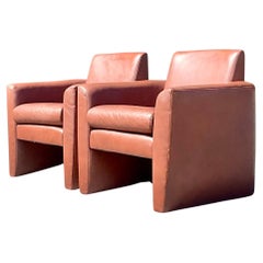 Retro Boho Directional Leather Club Chair - a Pair