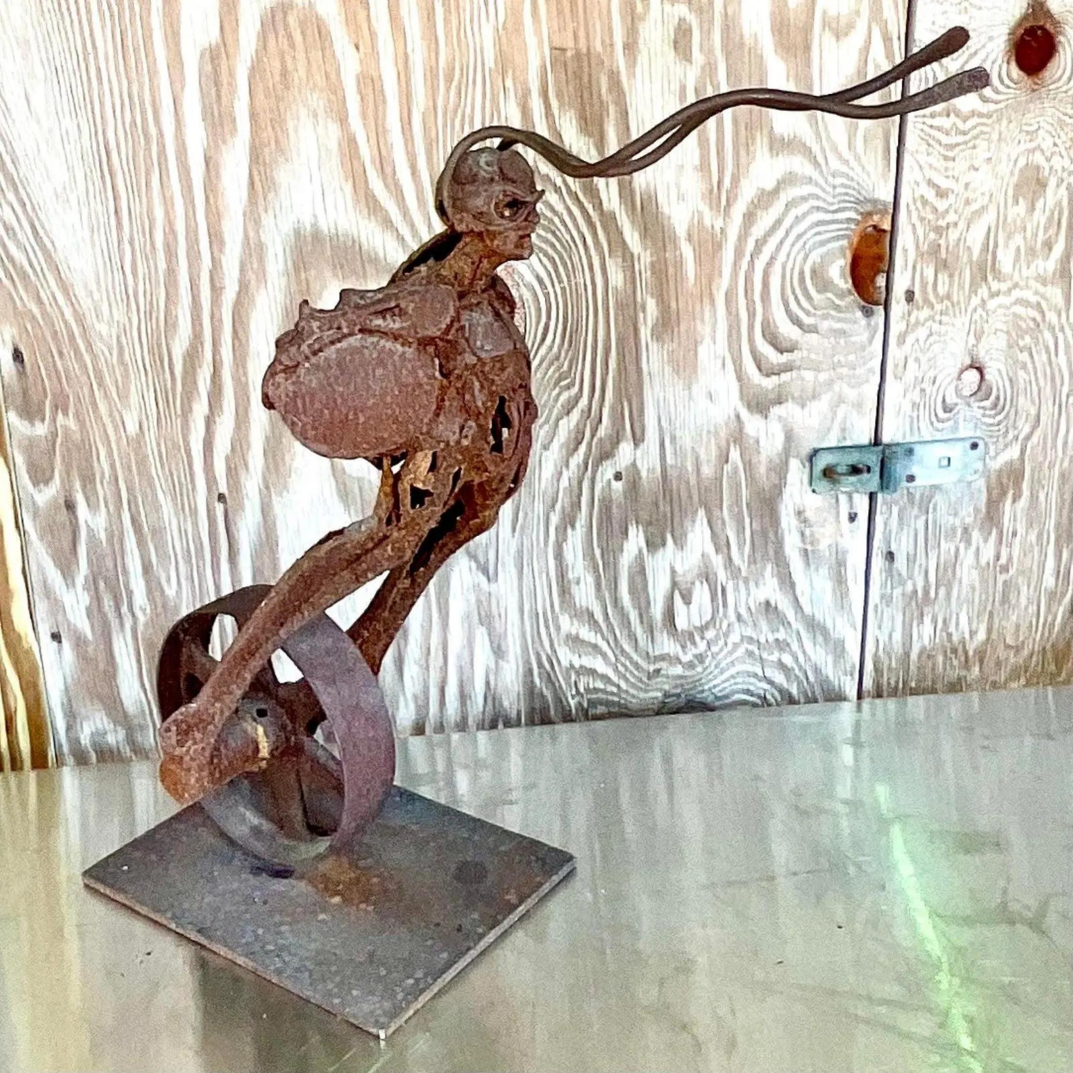 Metal Vintage Boho Distressed Abstract Sculpture For Sale