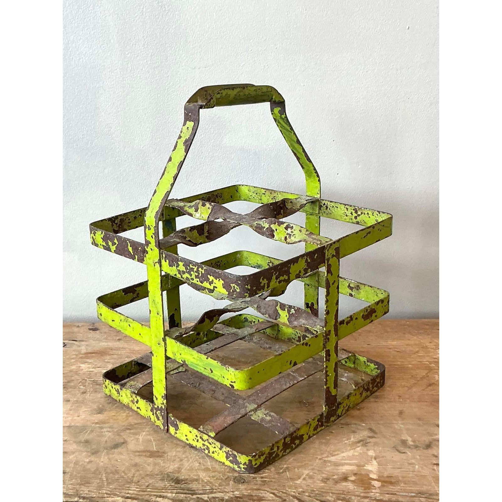 Industrial Vintage Boho Distressed Bottle Carrier For Sale