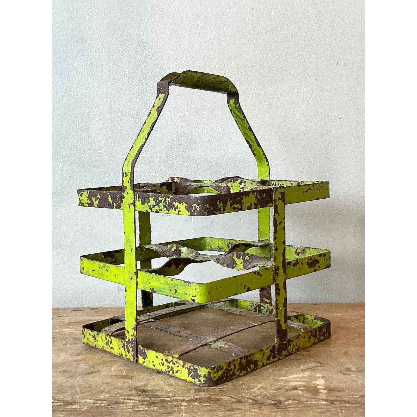 American Vintage Boho Distressed Bottle Carrier For Sale