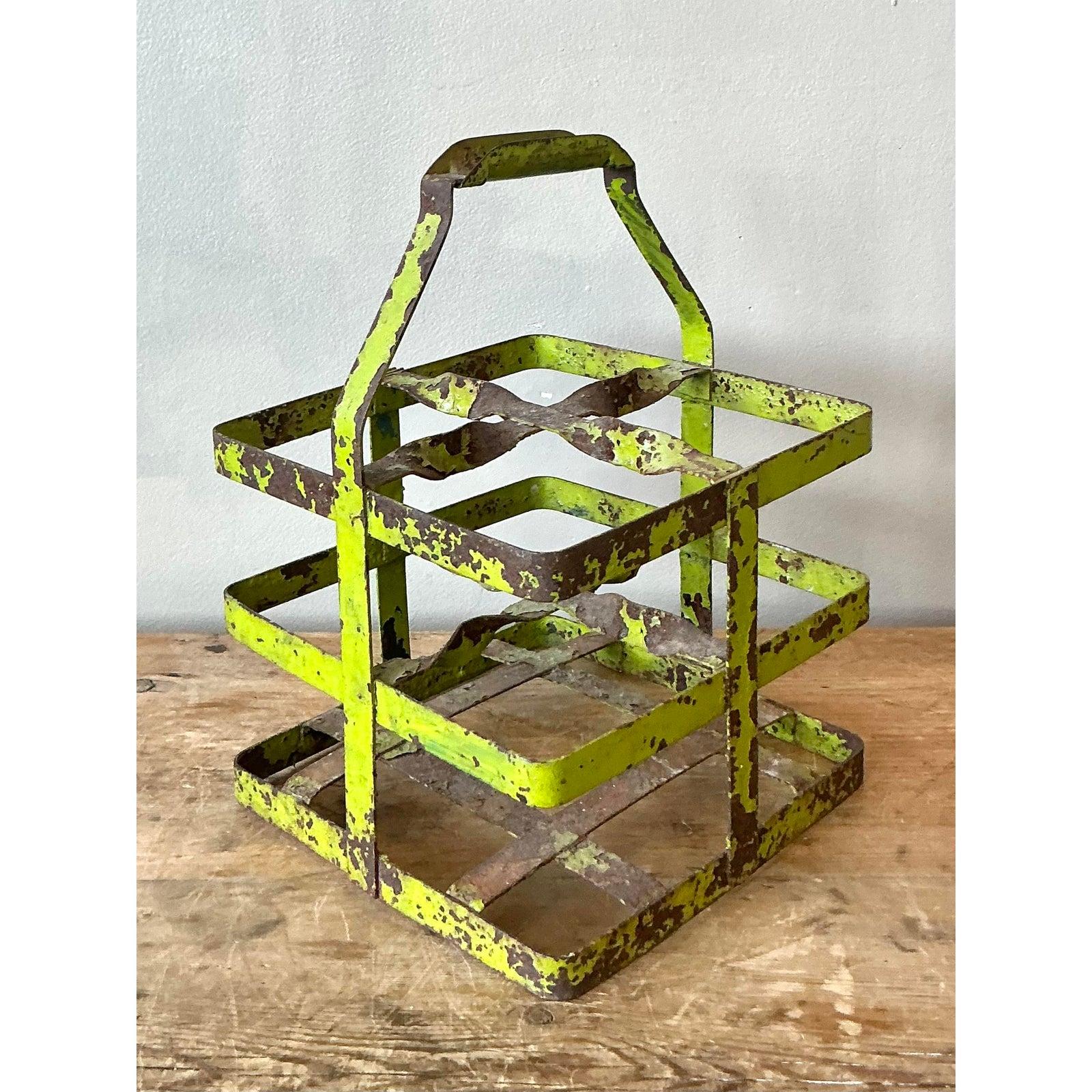 Vintage Boho Distressed Bottle Carrier In Good Condition For Sale In West Palm Beach, FL