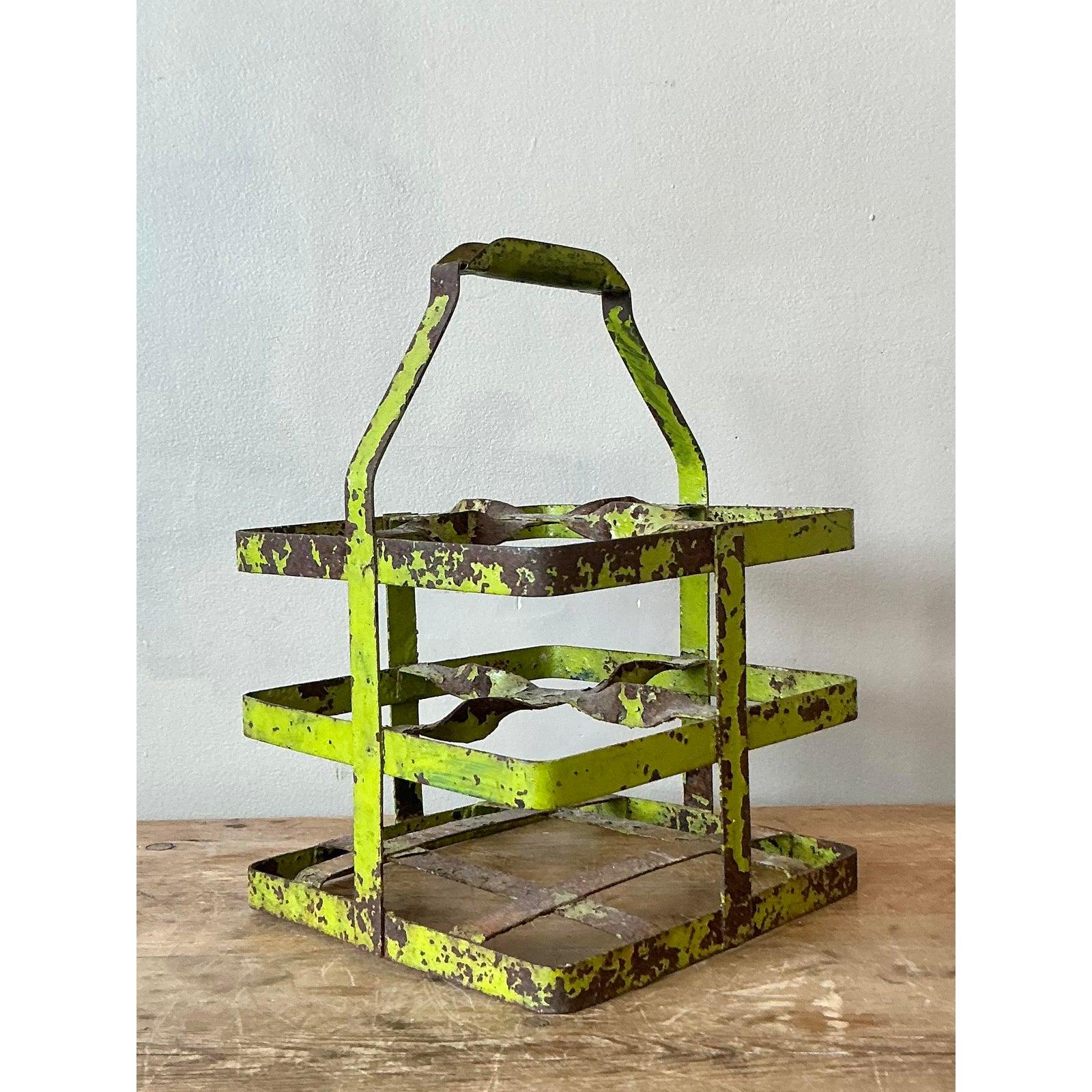 20th Century Vintage Boho Distressed Bottle Carrier For Sale