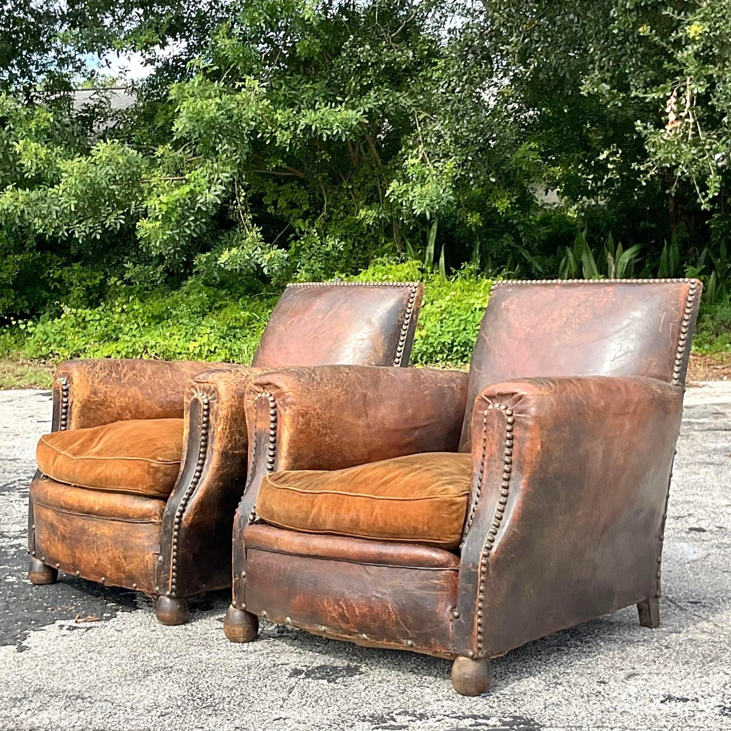 Vintage Boho Distressed French Art Deco Leather Club Chairs - a Pair For Sale 5