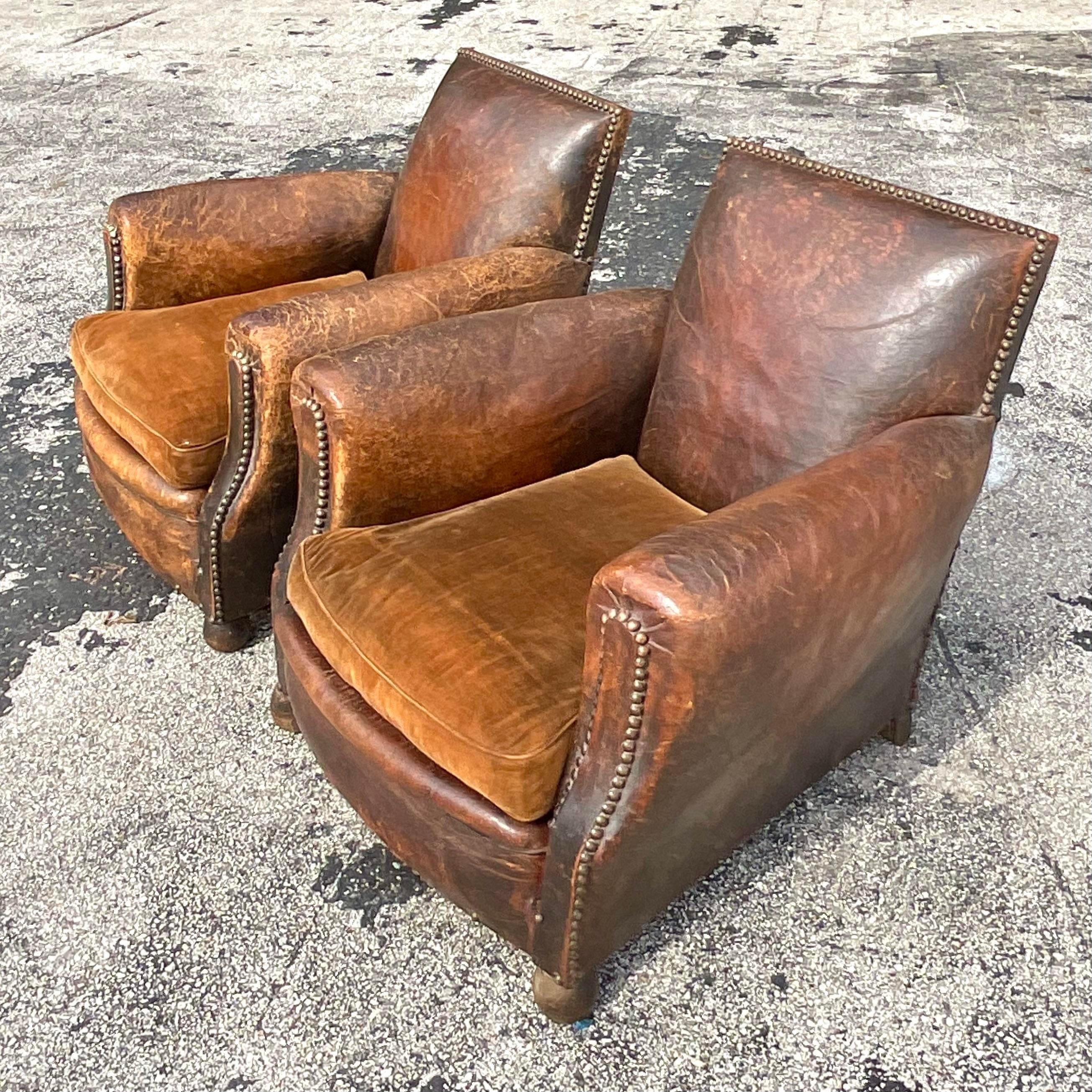 Vintage Boho Distressed French Art Deco Leather Club Chairs - a Pair For Sale 6