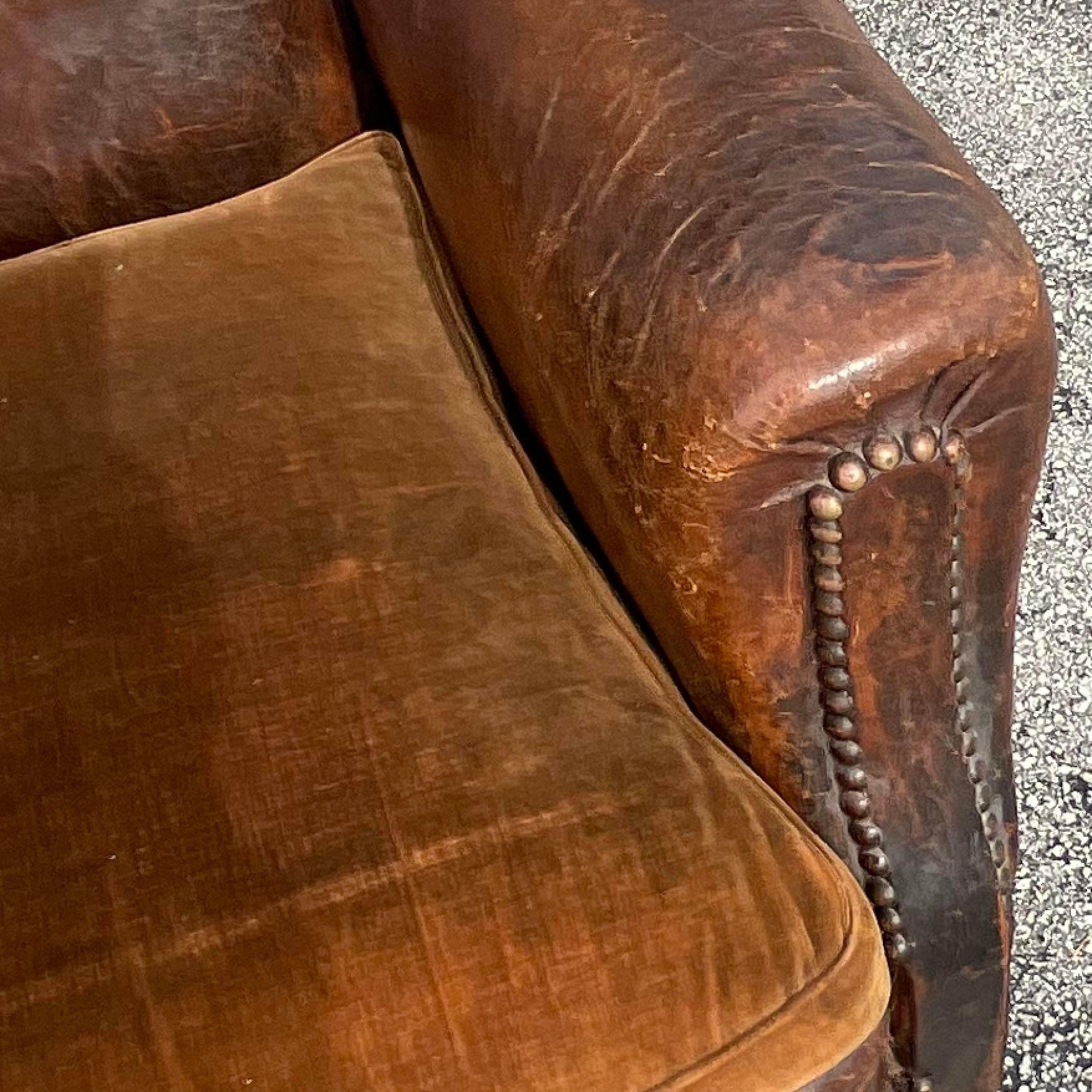 Vintage Boho Distressed French Art Deco Leather Club Chairs - a Pair In Good Condition For Sale In west palm beach, FL